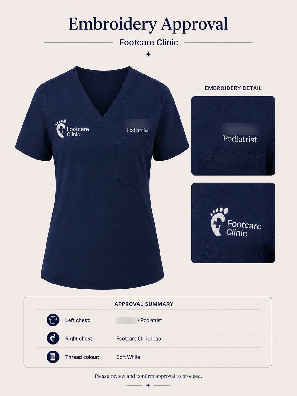 Stitchwell embroidery concept for Footcare Clinic showing the clinic logo and staff role on a navy scrub top
