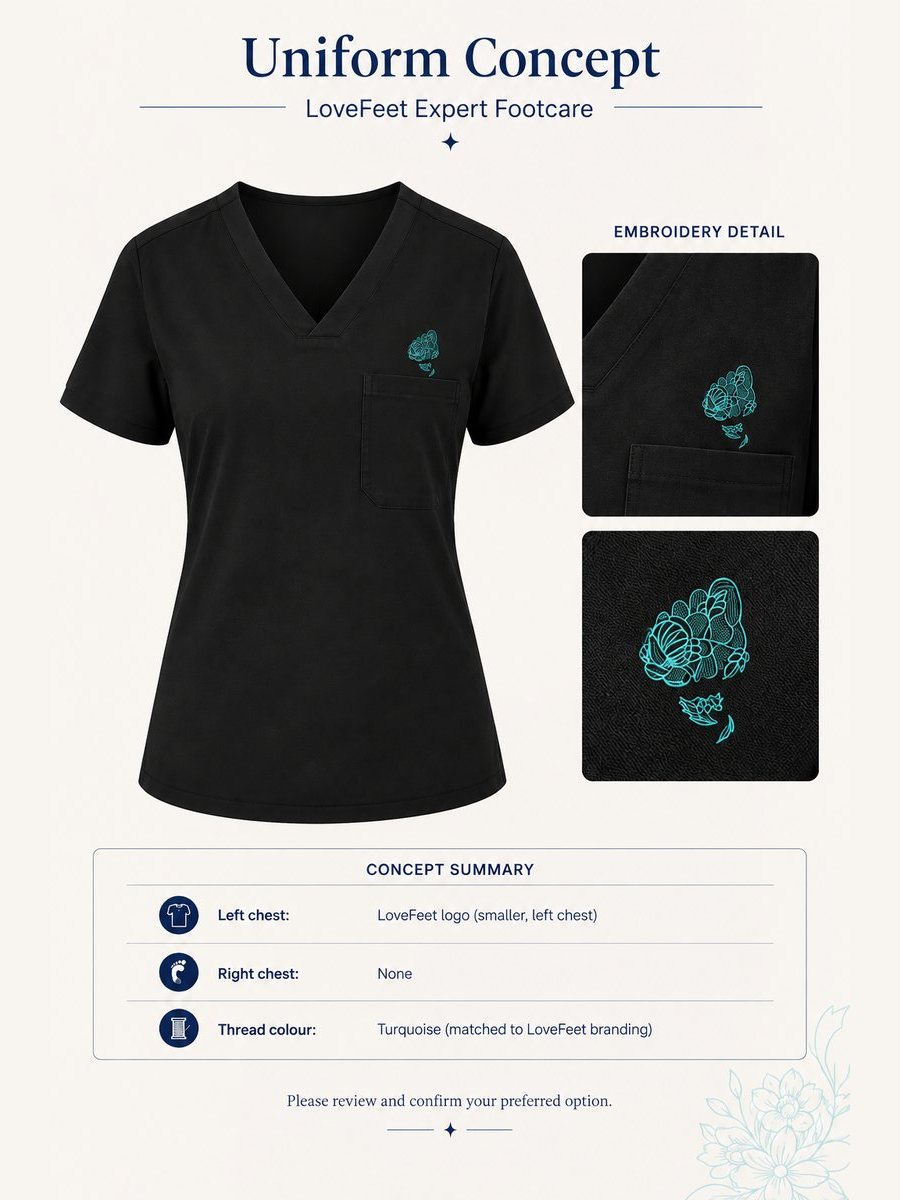 Stitchwell uniform concept for LoveFeet Expert Footcare showing a turquoise embroidered logo on a black scrub top