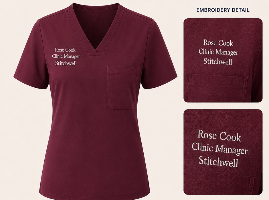 Stitchwell scrubs in Burgundy with personalised embroidery