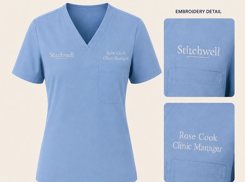 Stitchwell scrubs in Ceil Blue with personalised embroidery