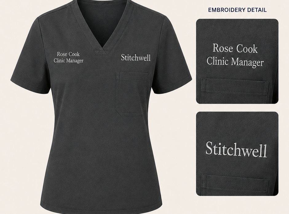 Stitchwell scrubs in Charcoal with personalised embroidery