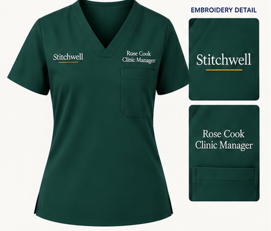 Stitchwell scrubs in Hunter Green with personalised embroidery