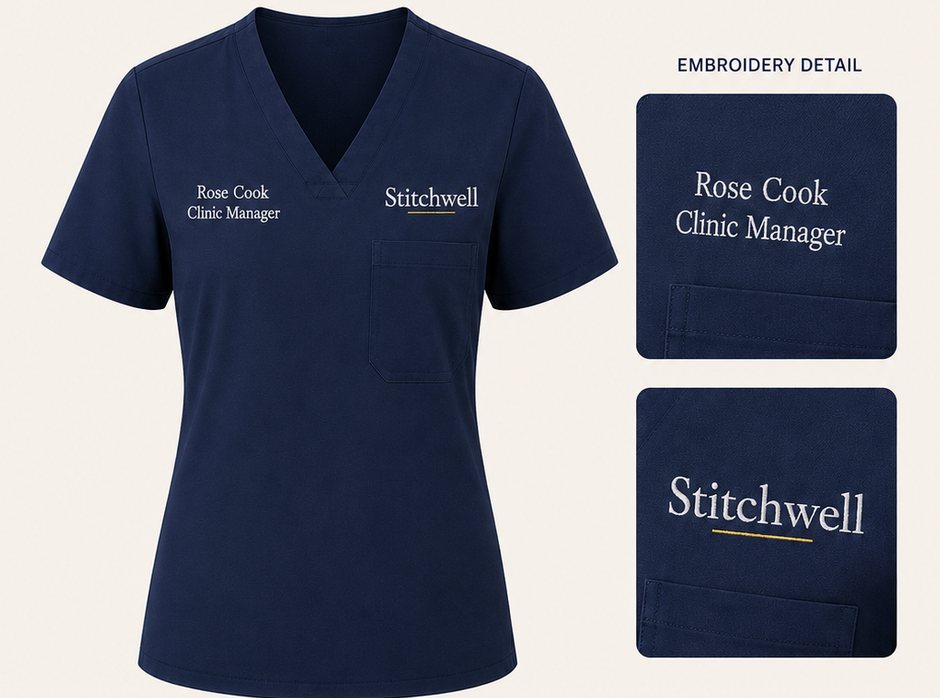 Stitchwell scrubs in Navy with personalised embroidery