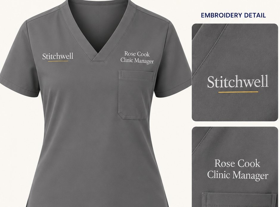 Stitchwell scrubs in Pewter with personalised embroidery