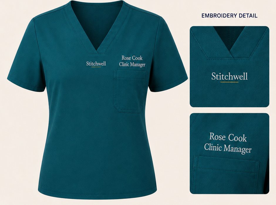 Stitchwell scrubs in Teal with personalised embroidery